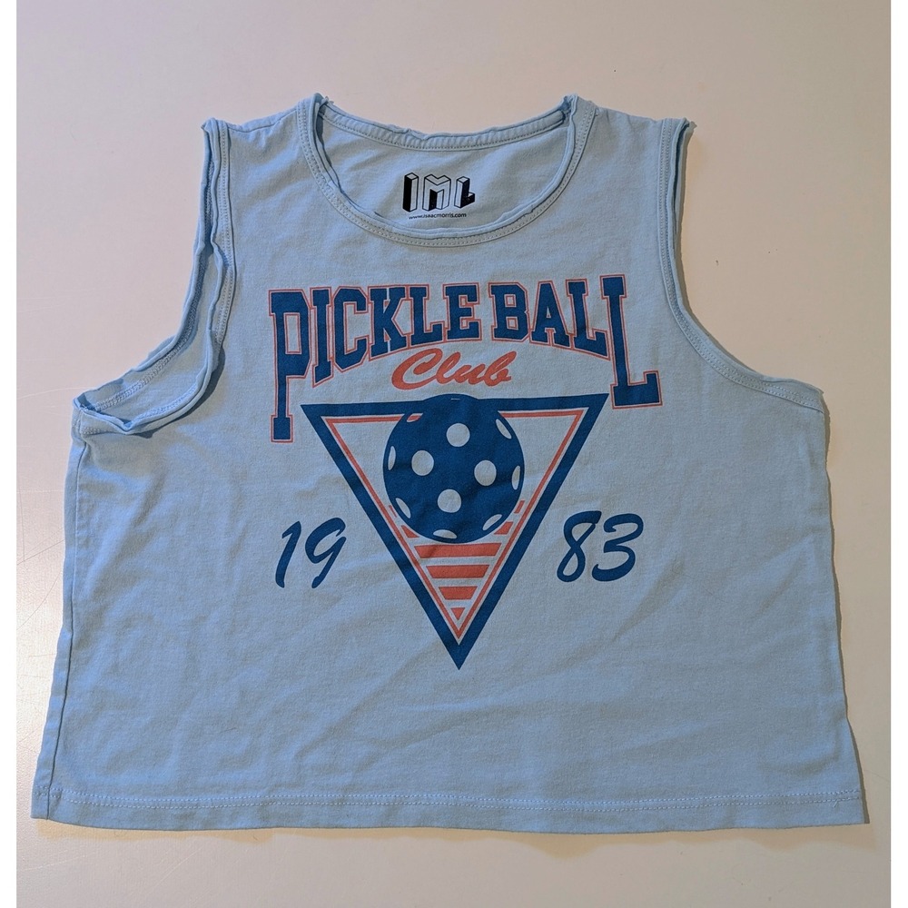 Isaac Morris IML Pickleball Club 1983 Graphic Oversized Crop Tank Top Blue XS